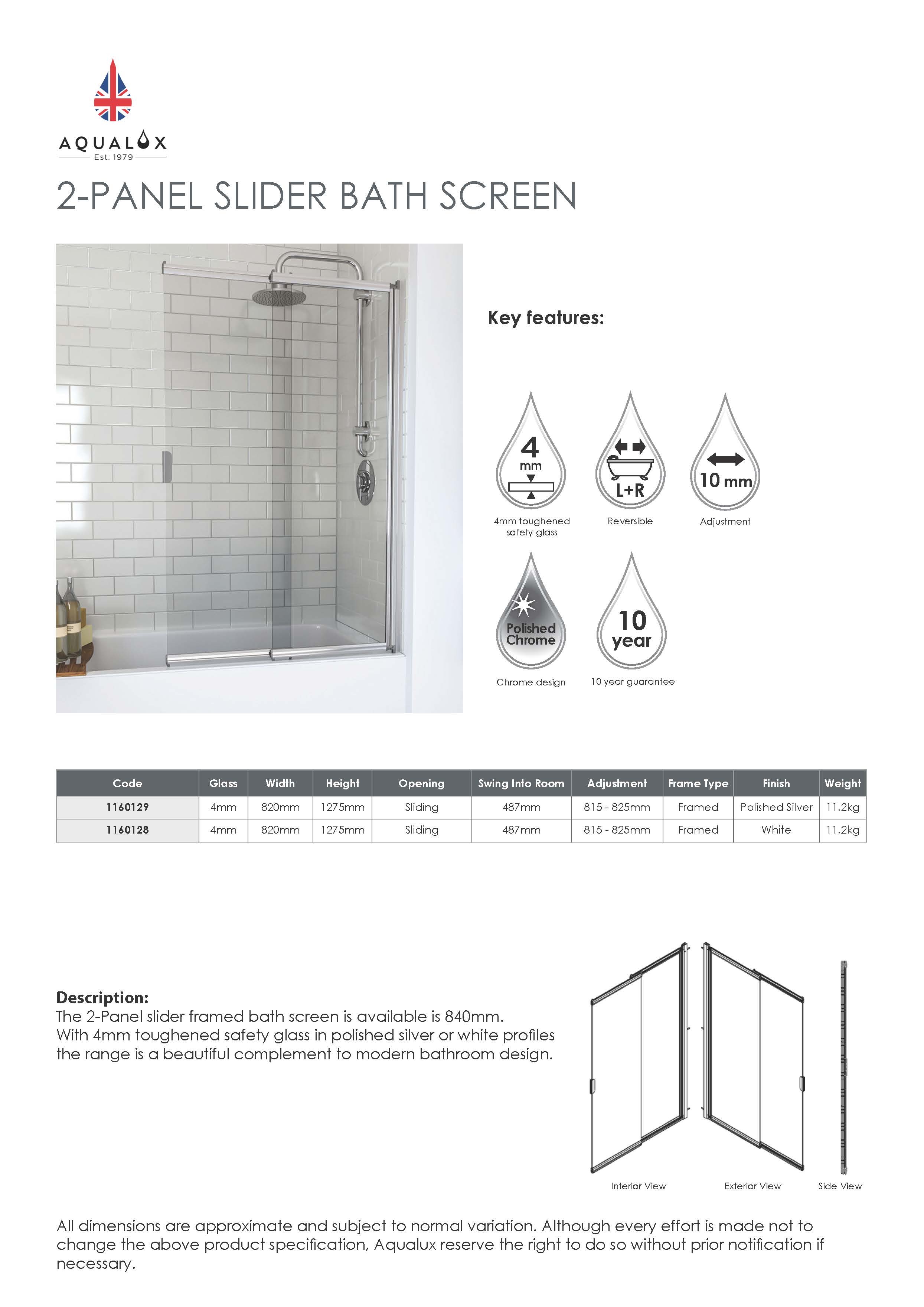 Aqualux AQUA 4 2Panel Slider Bath Screen 820mm x 1275mm x 4mm, Silver